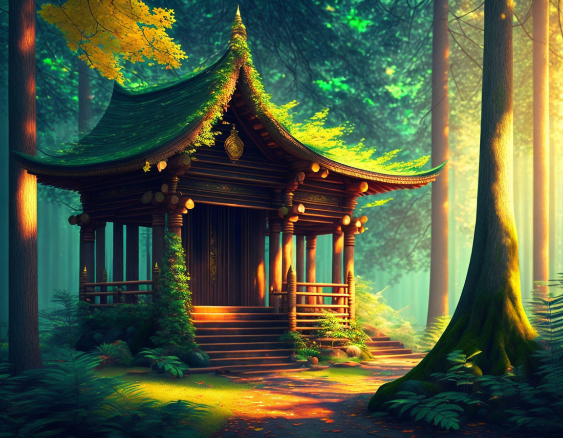 Tranquil Asian-style pavilion in sunlit forest with moss