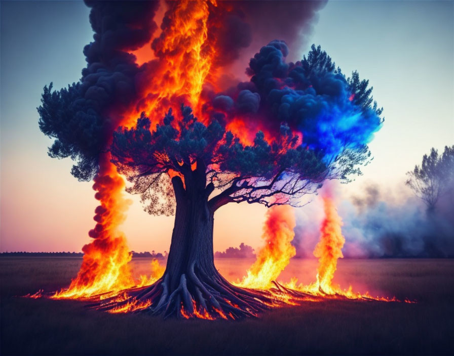 Intense flames engulf lone tree in twilight sky scene