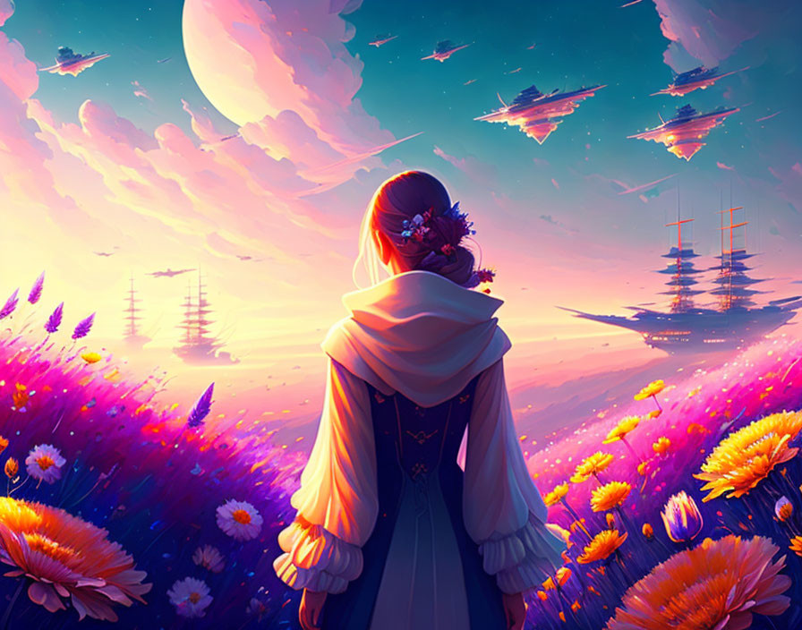 Woman admires purple and orange sky with floating ships and moon over flower sea