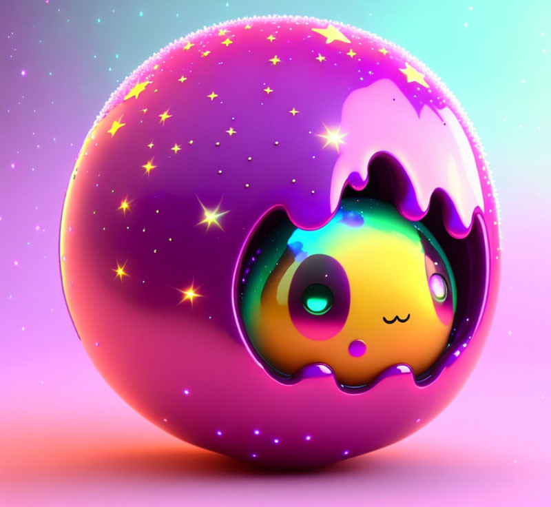 Colorful 3D illustration of a purple creature in cracked orb with stars