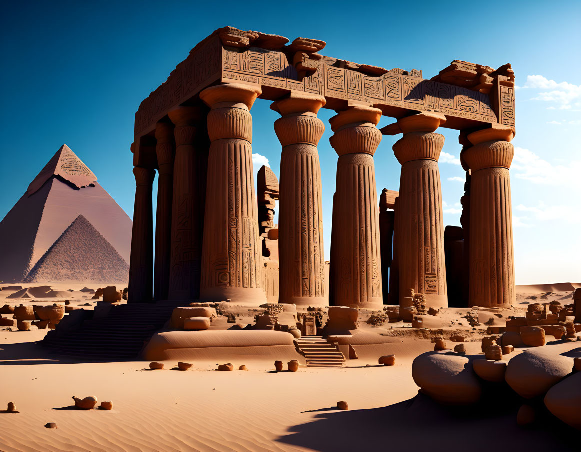 Ancient Egyptian temple and pyramid in 3D render