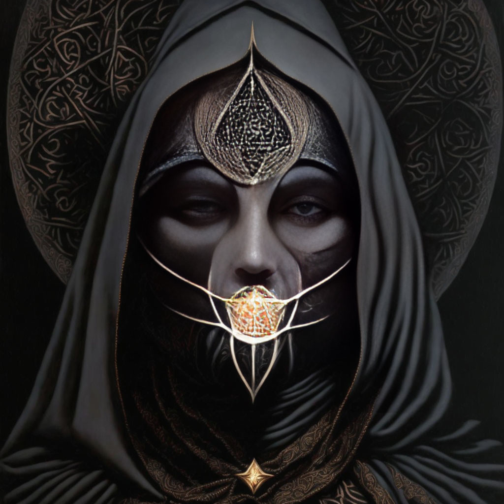 Intricate Patterned Dark Cloak with Metallic Mask and Ornate Mouthpiece