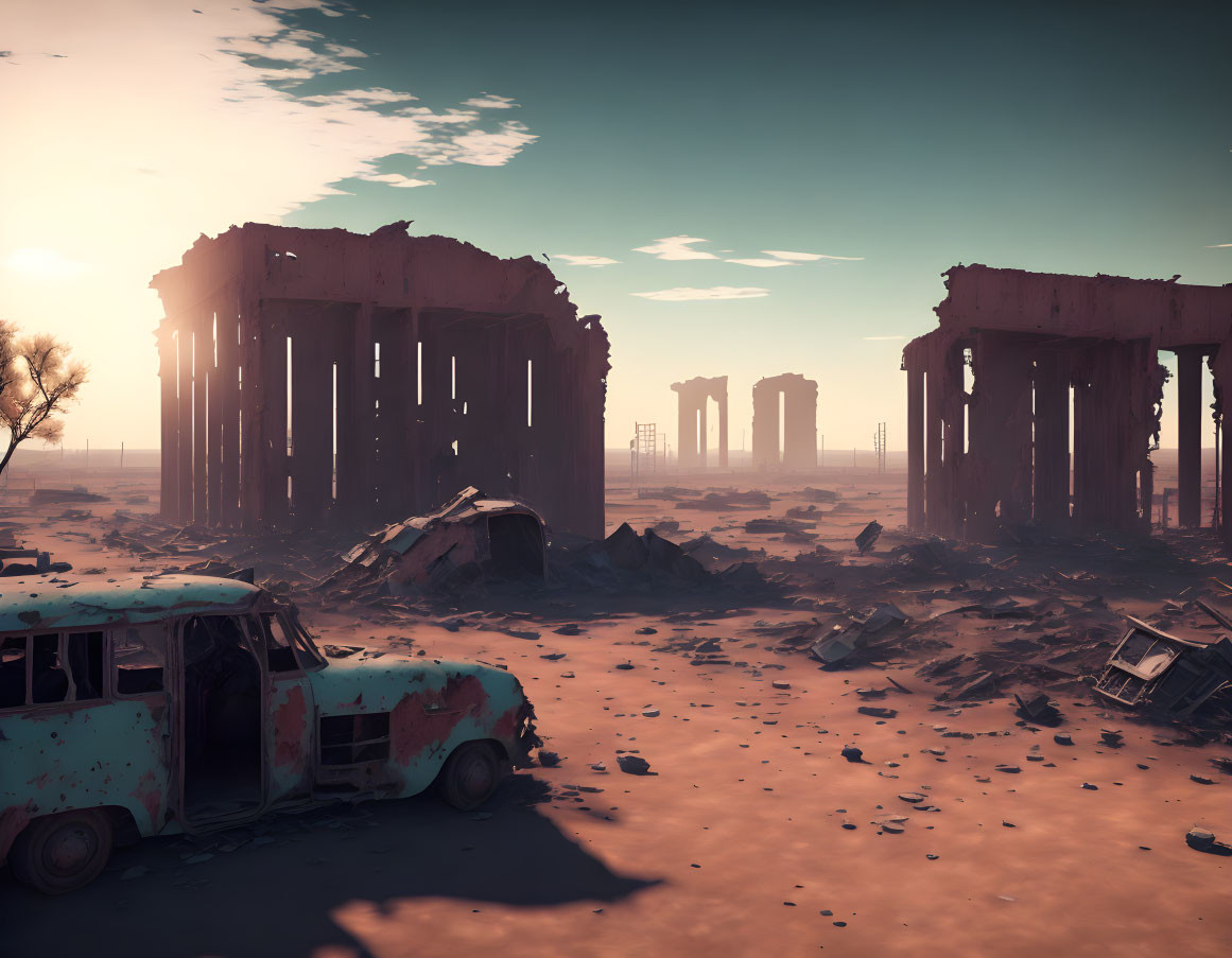 Desolate landscape with ruins and abandoned vehicles under a hazy sky