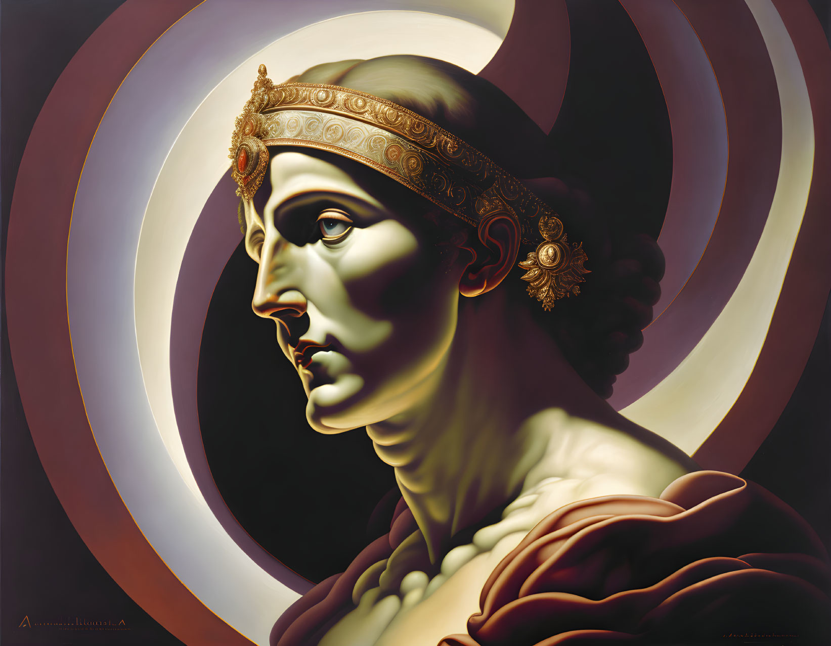 Classical figure with headband in profile against swirling abstract background