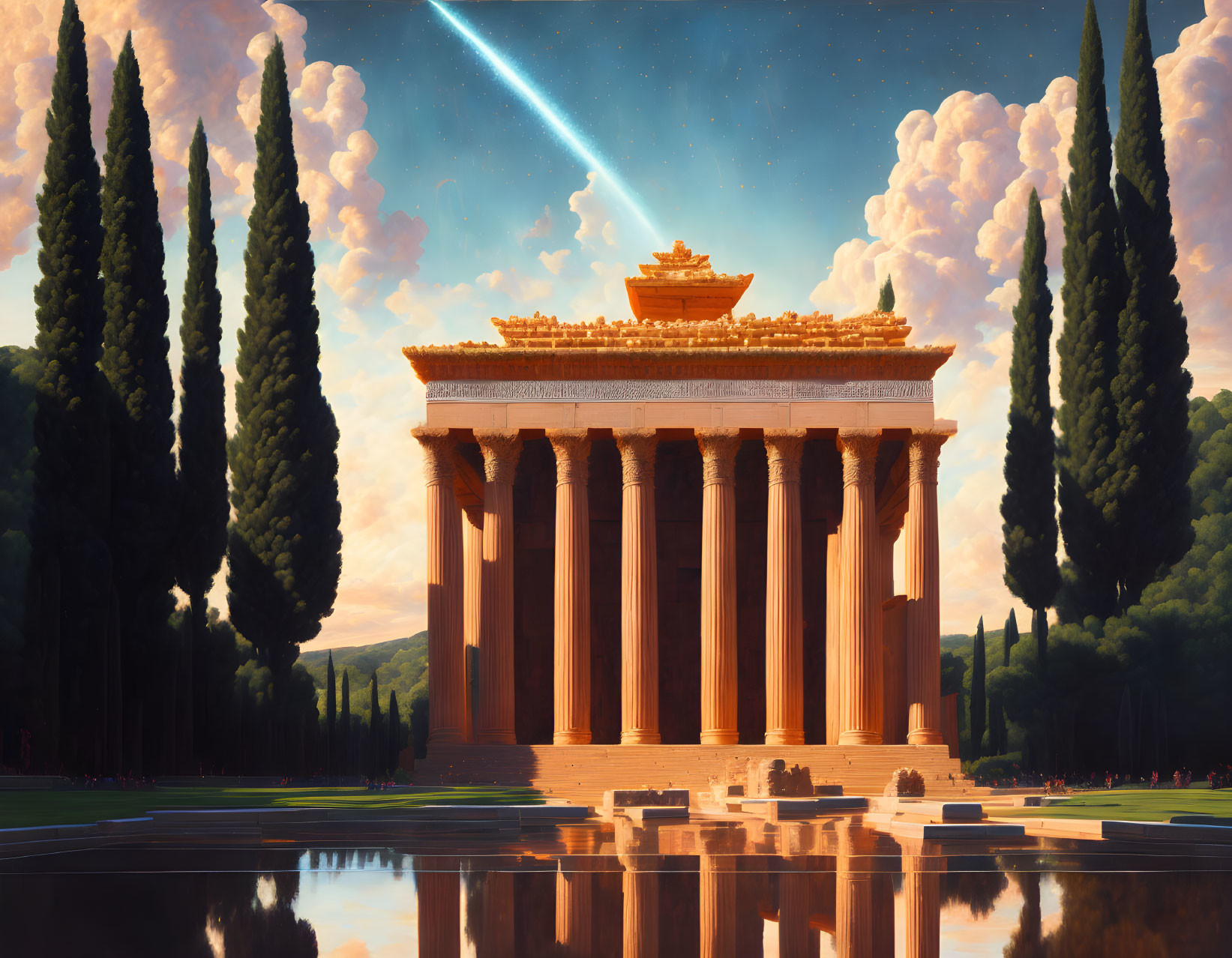 Ancient temple with towering columns under shooting star in serene landscape