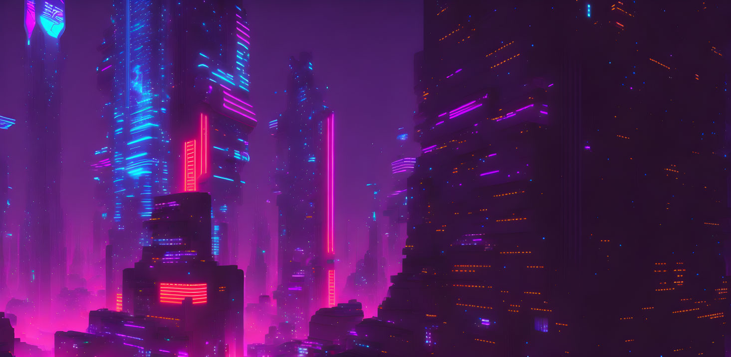 Futuristic neon-lit cityscape with towering skyscrapers at night