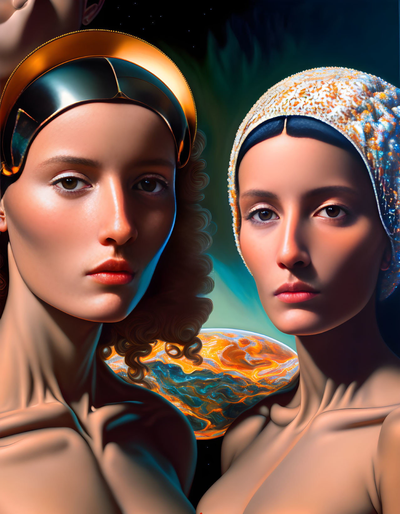 Stylized portraits of women with futuristic headgear and cosmic background