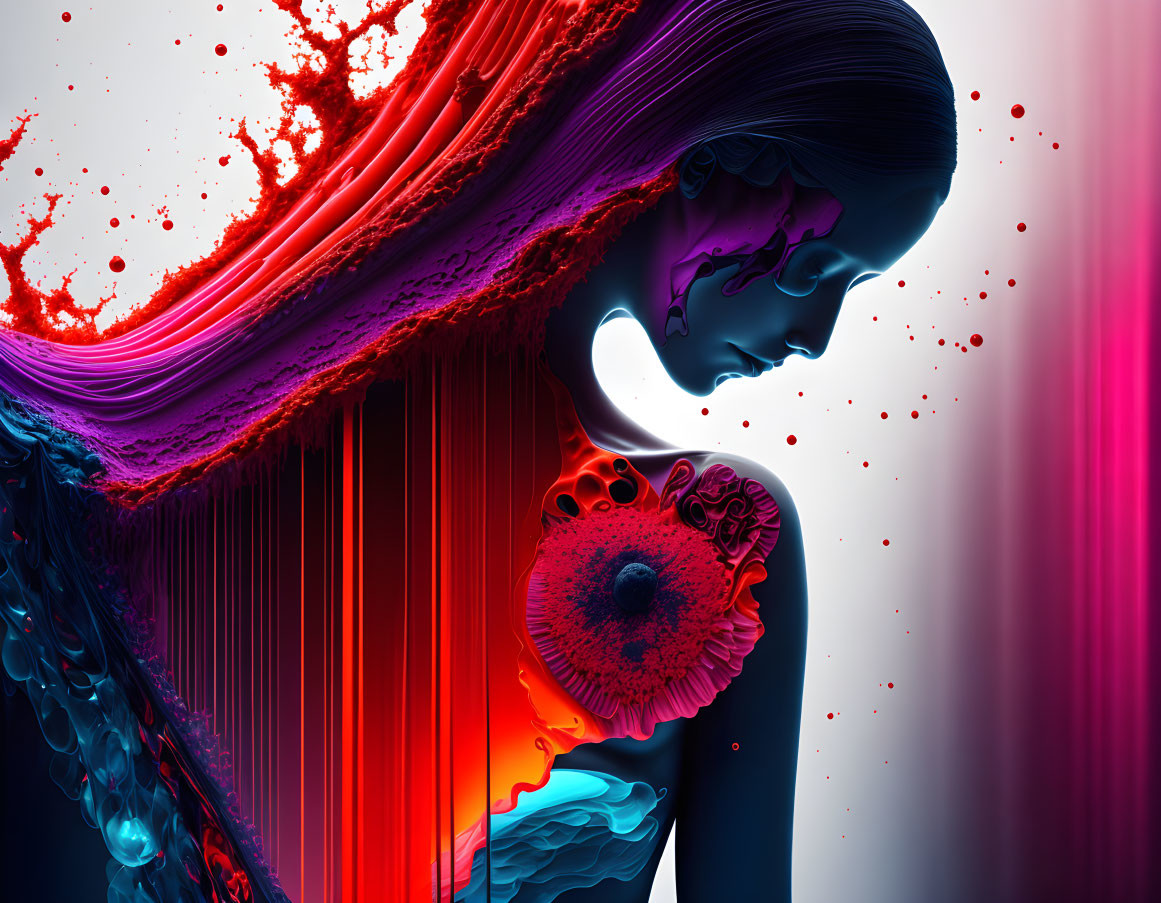 Vibrant digital artwork of female figure with colorful liquid streams