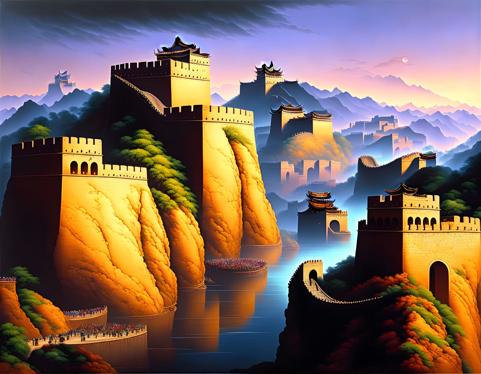 Vibrant painting of Great Wall of China with rivers, cliffs, and mountains at sunset