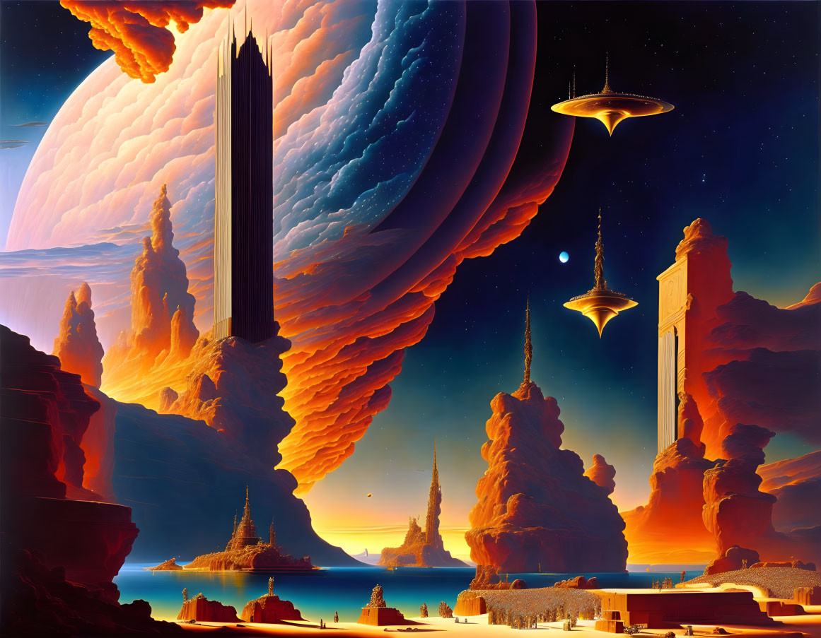 Futuristic sci-fi landscape with orange-red terrain and flying vehicles