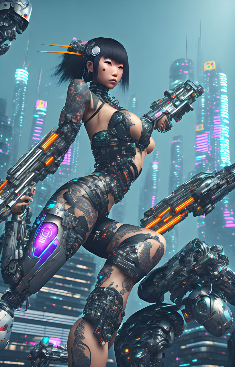 Tattooed female cyberpunk character with robotic arms in futuristic cityscape