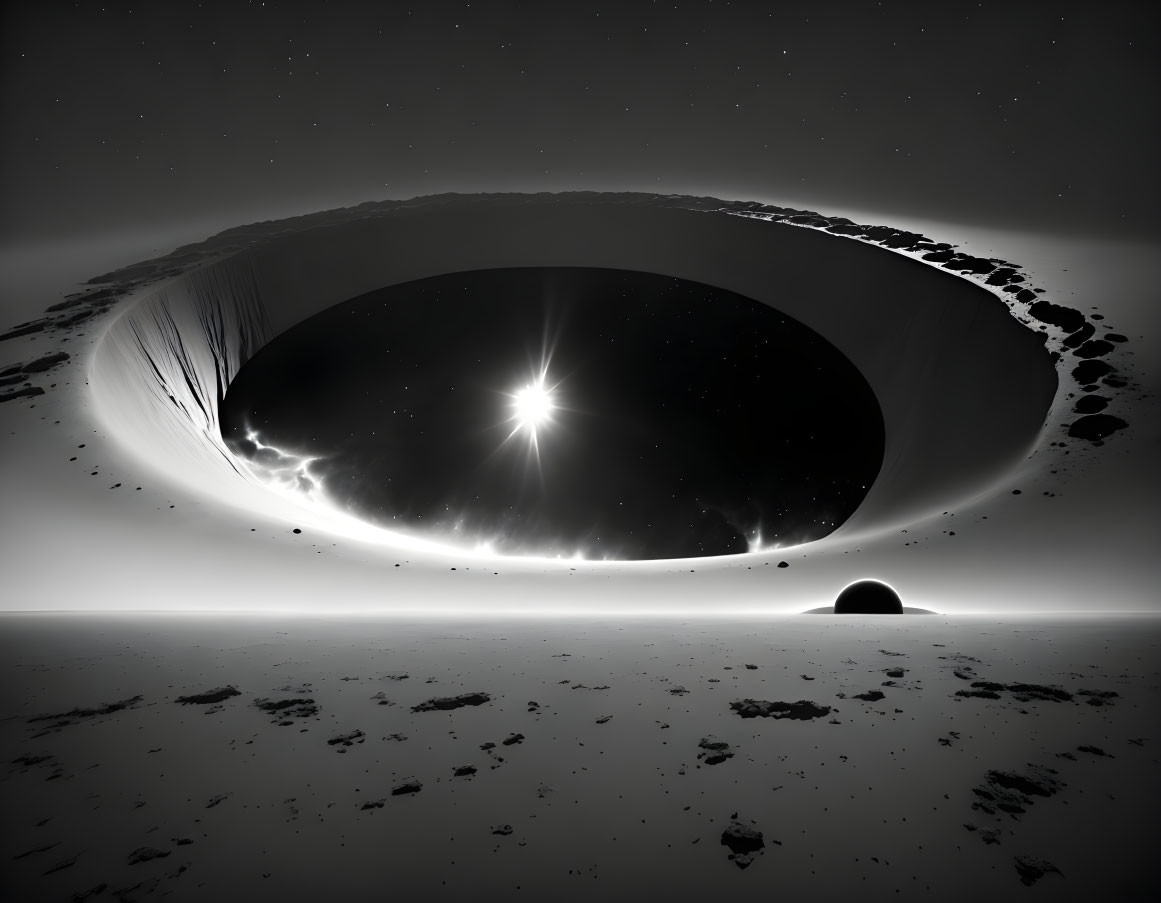 Monochrome sci-fi landscape with dark circular void and stars