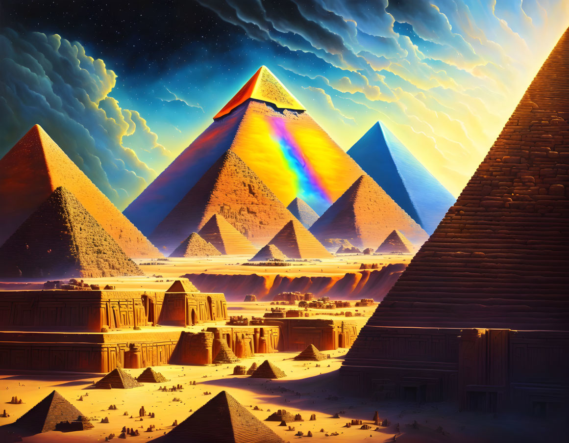 Giza Pyramid Complex with Starry Night Sky and Surreal Rainbow