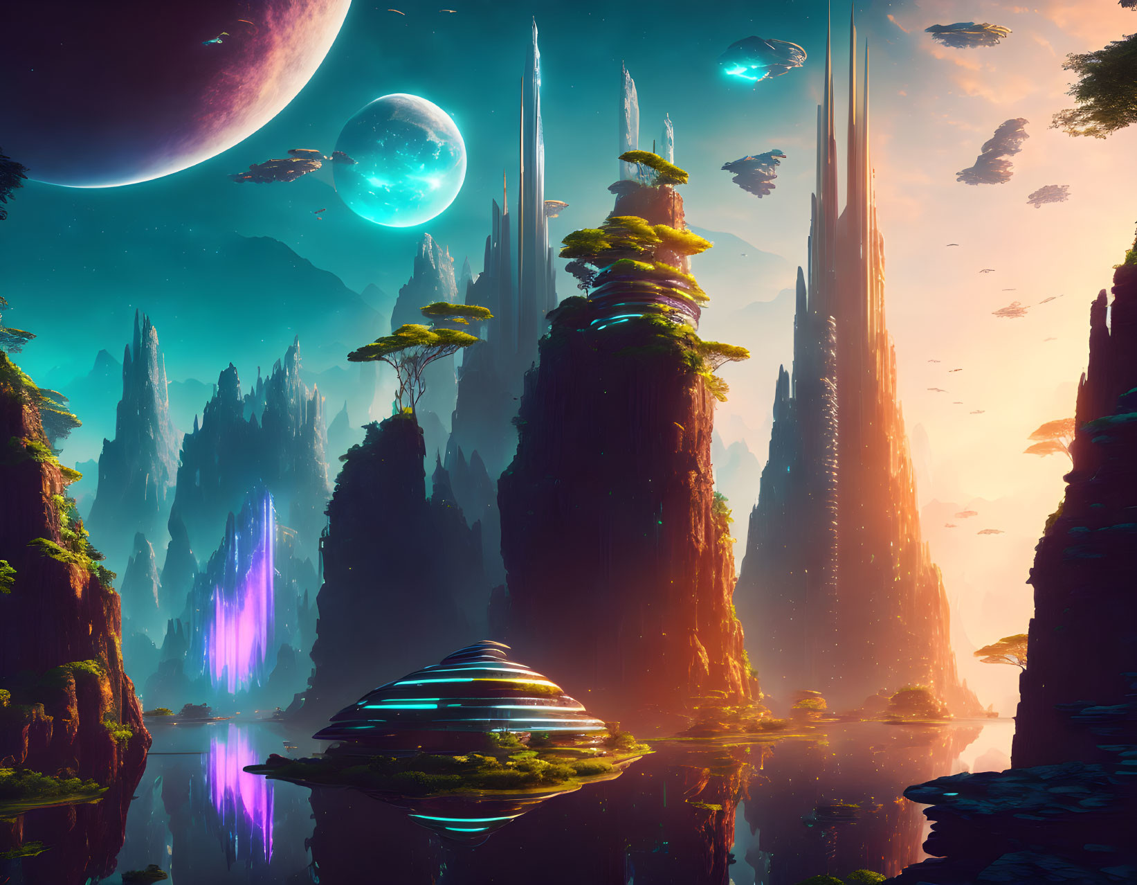 Majestic fantasy landscape with rock spires, glowing flora, futuristic structures, and celestial bodies.