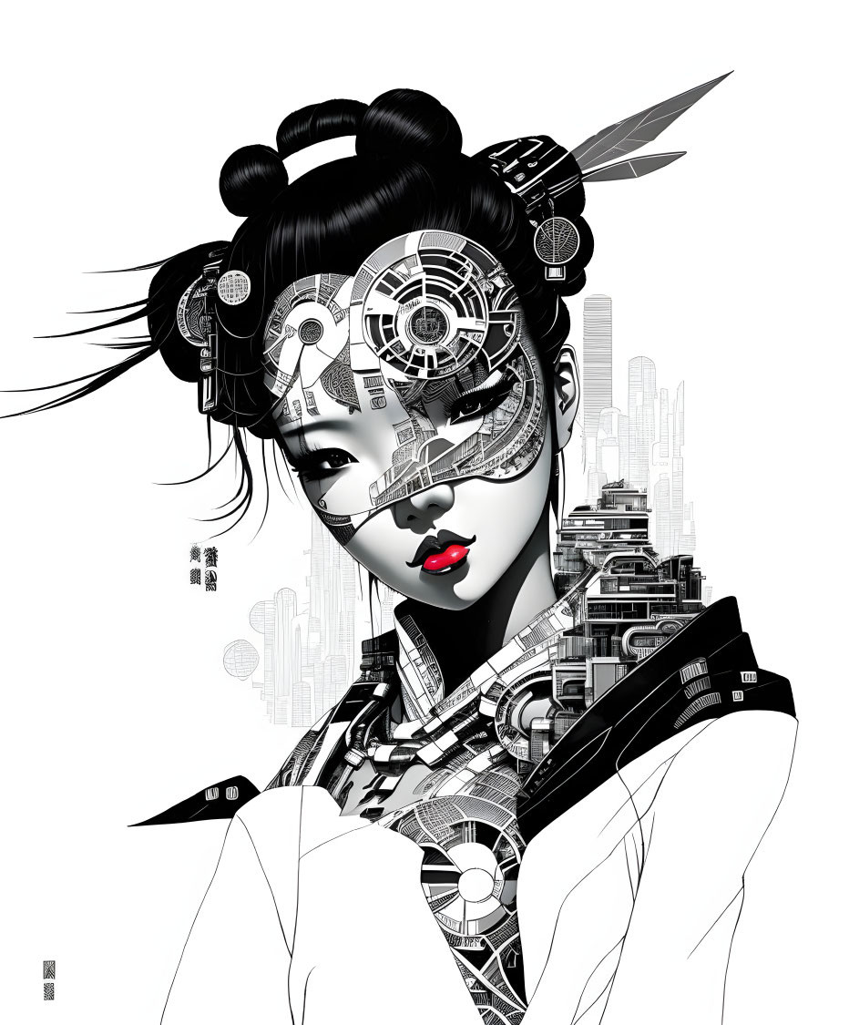 Monochrome digital artwork of female figure with cybernetic face and Japanese hairstyle in abstract cityscape.