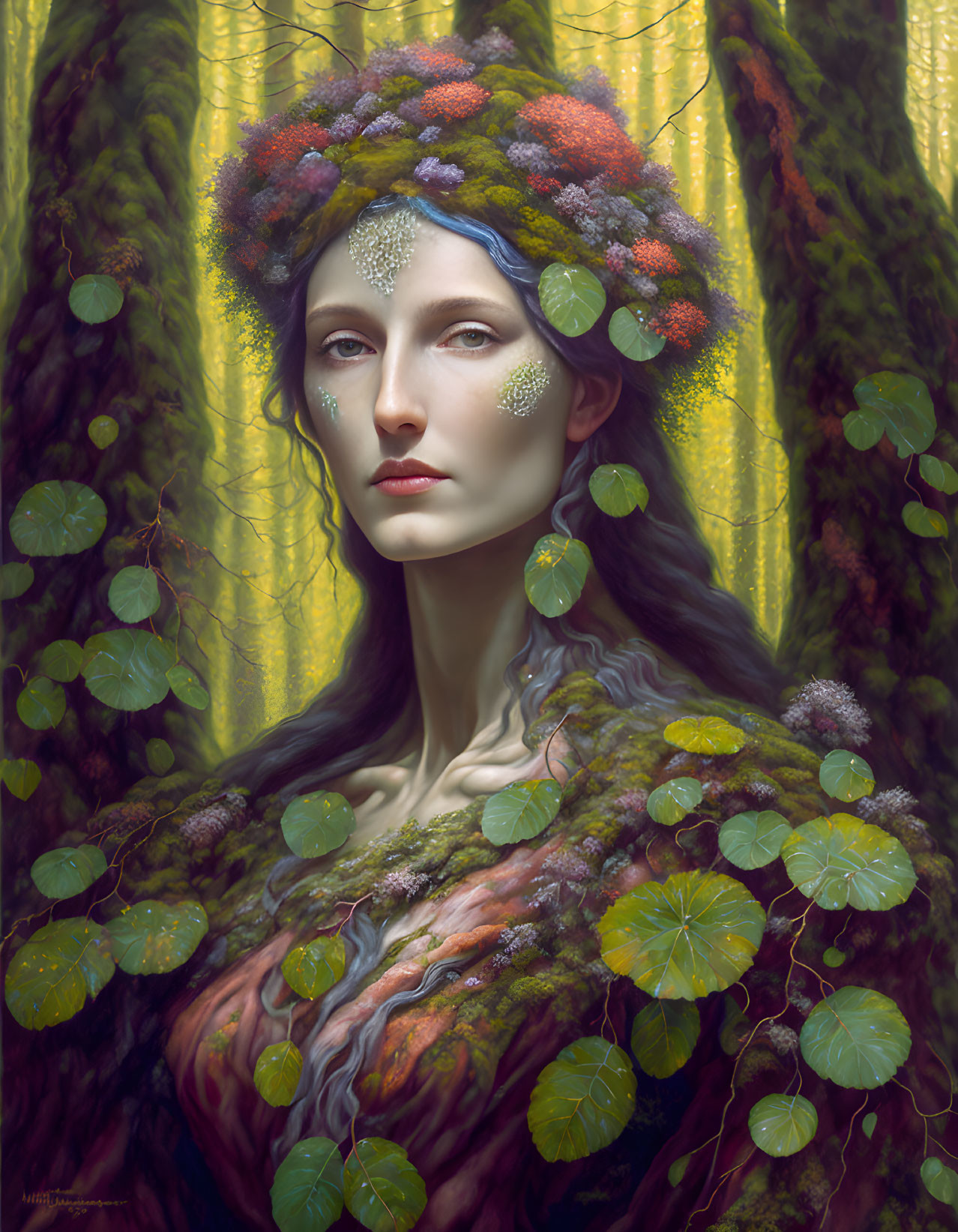 Woman with Blue Eyes Wearing Floral Crown in Forest Setting