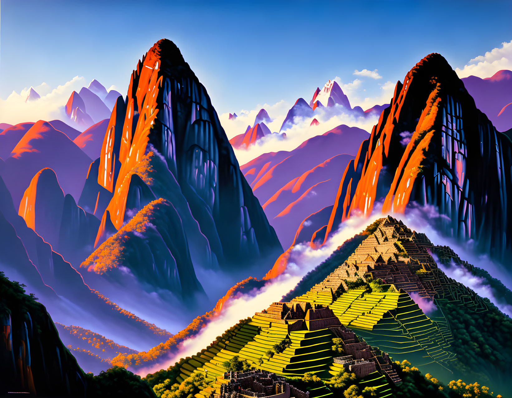 Majestic terraced mountain landscape with lush greenery and sunset clouds