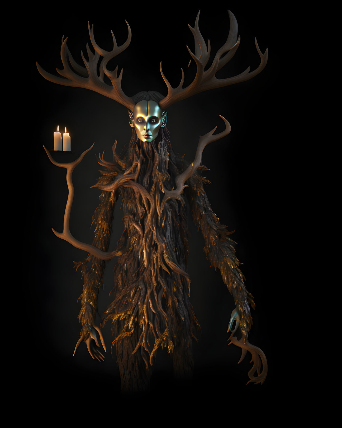 Mystical humanoid creature with antler-like branches holding a candle