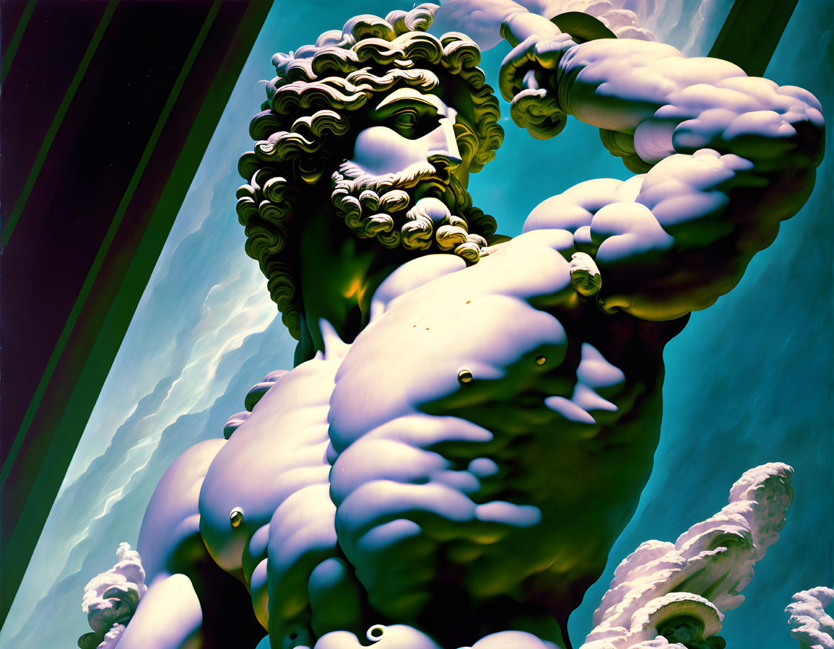 Exaggerated muscular statue against vivid sky with greenish hues