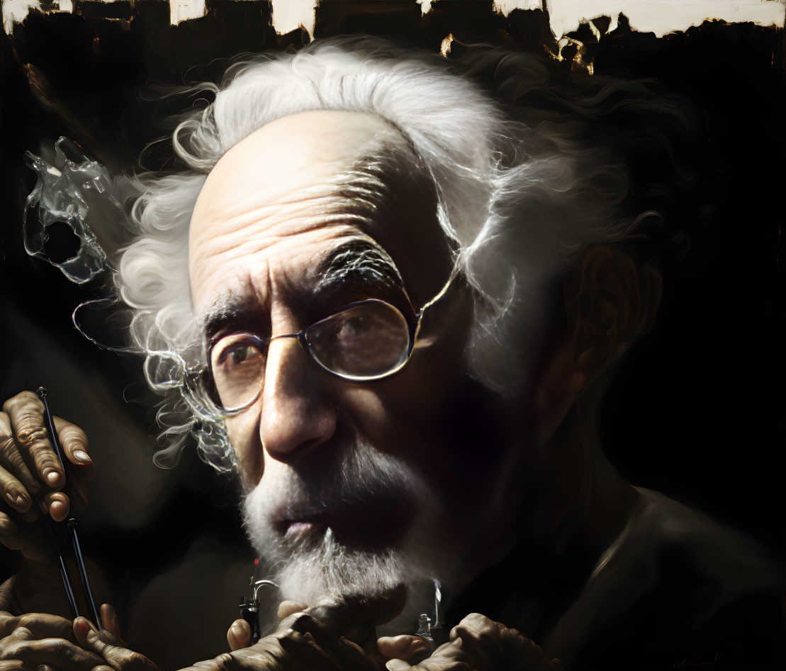 Elderly man with white hair and beard in round glasses, surrounded by smoke