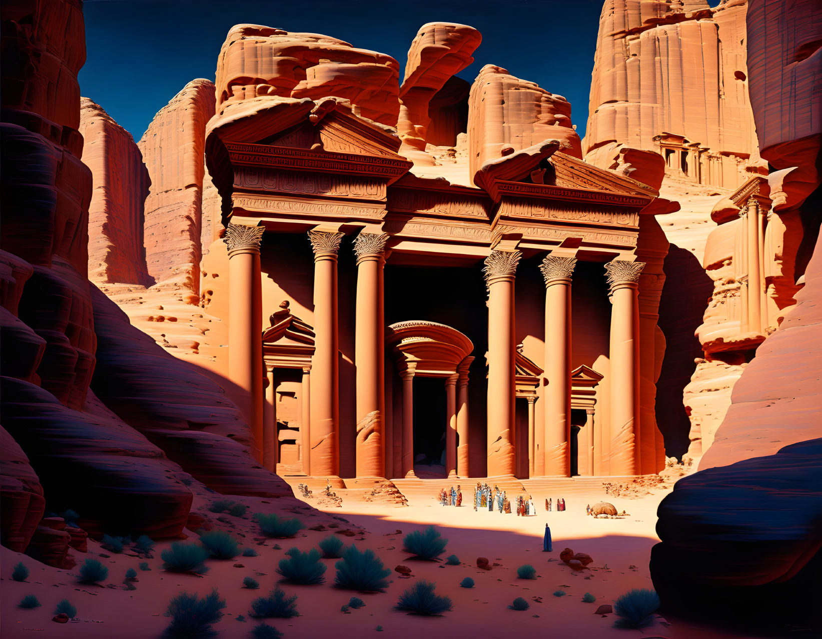 Ancient rock-cut architecture with ornate columns in desert cliffs