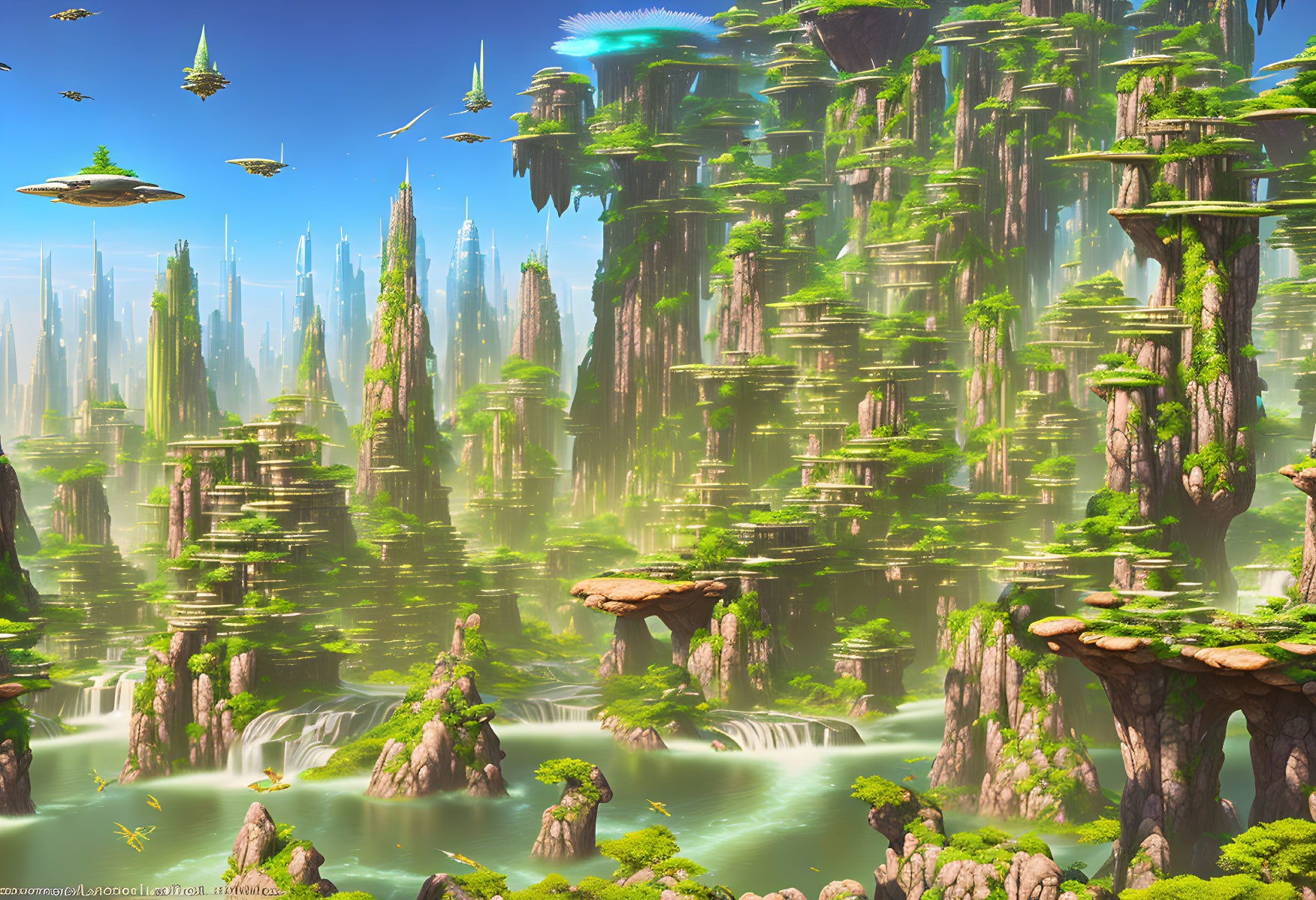 Futuristic sci-fi landscape with green rock pillars, waterfalls, and floating vehicles