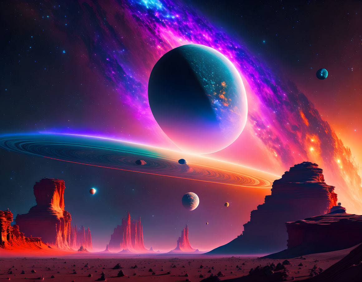 Colorful Sci-Fi Landscape with Ringed Planet, Desert, and Nebula-filled Sky