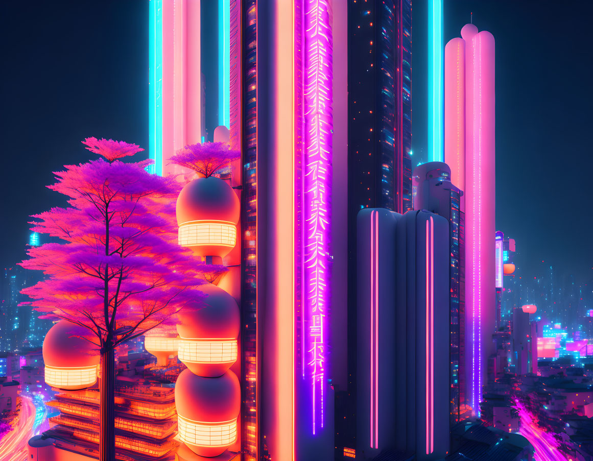 Vibrant pink and blue neon-lit futuristic cityscape at night