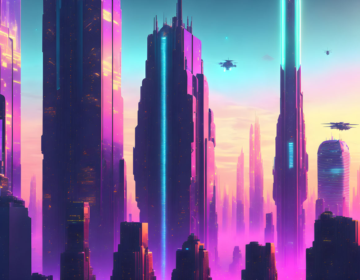 Futuristic cyberpunk cityscape with neon lights and flying vehicles