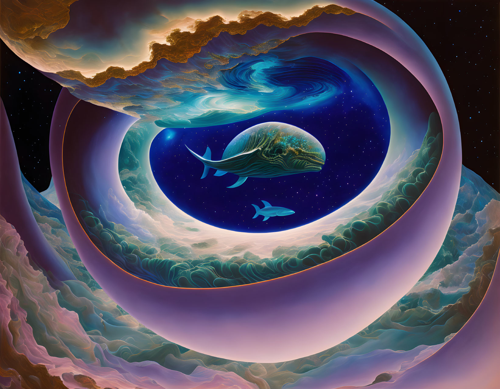 Surreal cosmic whale swimming through spiral rings of stars and clouds