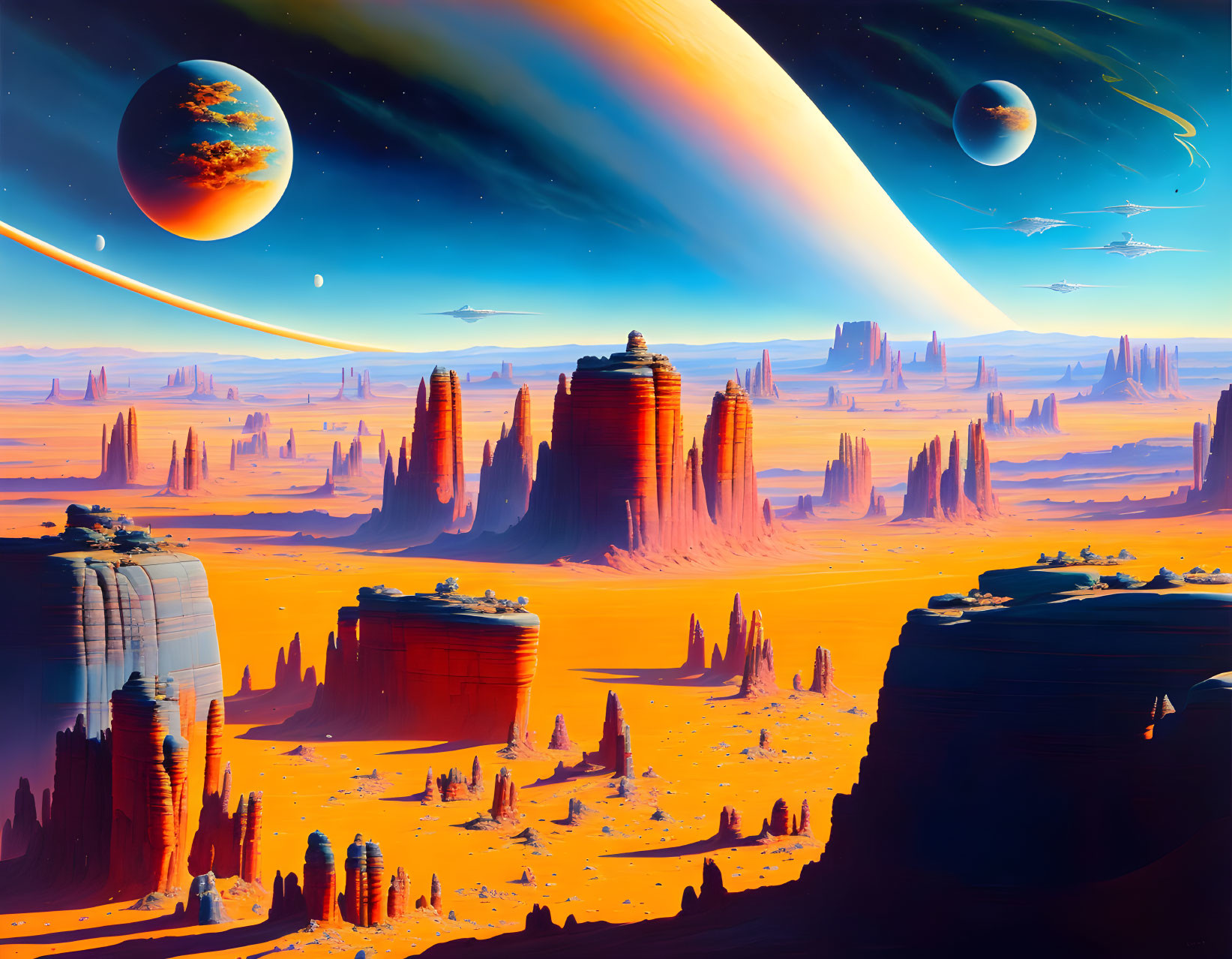 Sci-fi landscape with towering rock formations and ringed planet