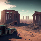 Desolate landscape with ruins and abandoned vehicles under a hazy sky