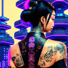 Futuristic tattooed woman in cyberpunk scene with neon-lit pagoda towers