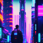 Person in front of neon-lit cyberpunk cityscape at night