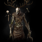 Mystical humanoid creature with antler-like branches holding a candle