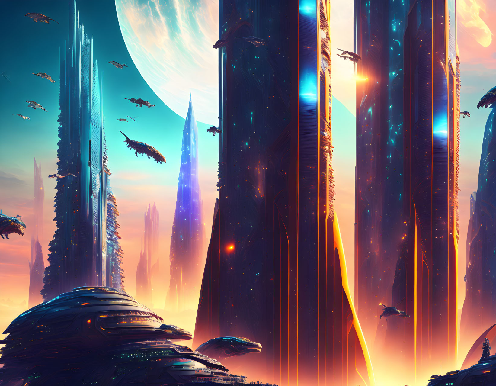 Futuristic cityscape with towering spires and flying vehicles