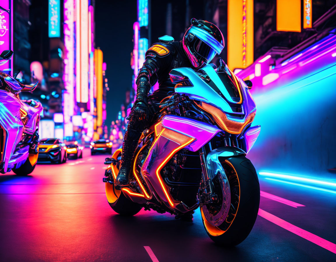 Futuristic motorcyclist on neon-lit bike in vibrant city scene