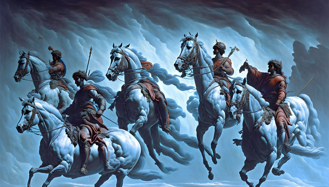 Dynamic Four Horsemen Artwork in Blue and Brown Tones