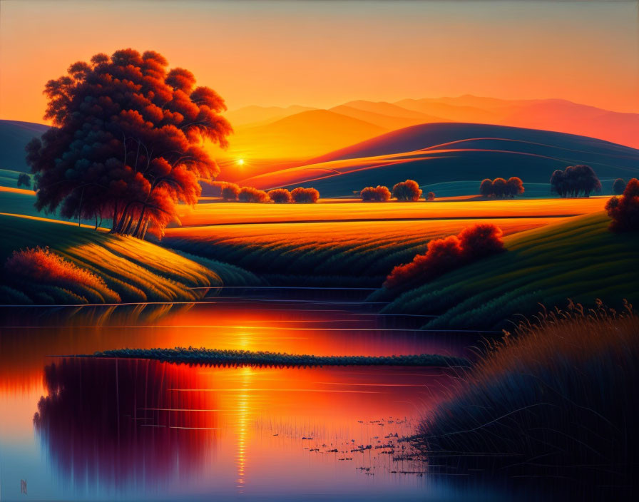 Scenic landscape with sunset, rolling hills, lake, and lush tree