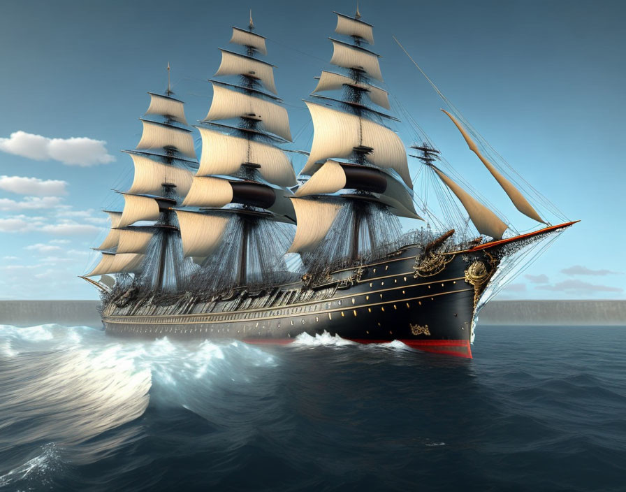 Majestic full-rigged ship sailing on the open sea