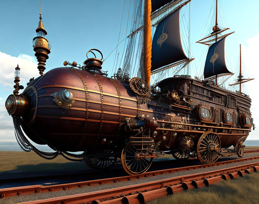 Steampunk-style submarine vehicle with ship on railroad tracks in grassland landscape