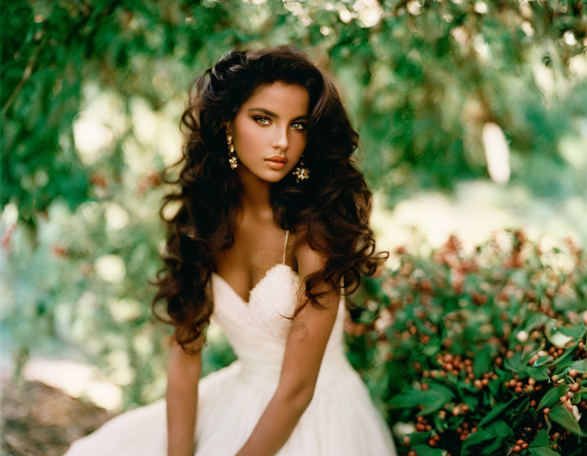 Long-Haired Woman in Strapless Dress Among Greenery with Soft Focus