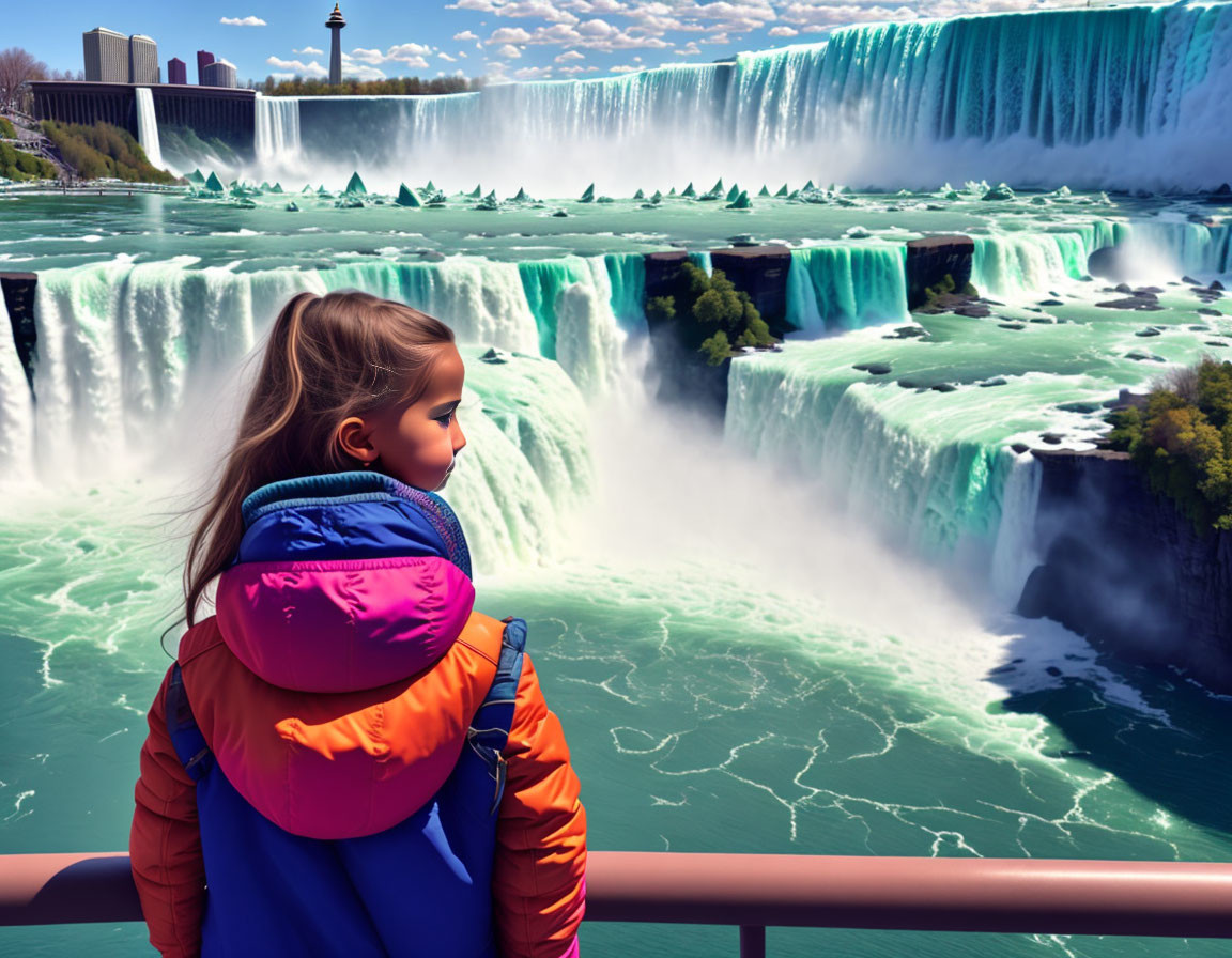 Young girl admires Niagara Falls under clear blue skies