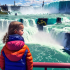 Young girl admires Niagara Falls under clear blue skies