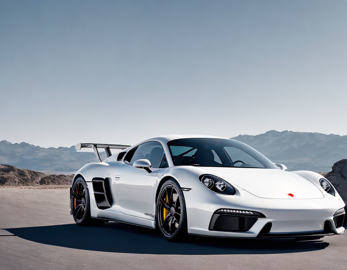 White Porsche 911 GT3 sports car on desert road with clear skies