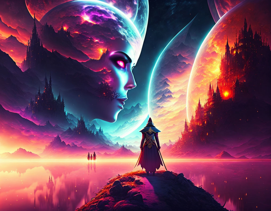 Surreal landscape with giant ethereal face and robed figure by shoreline