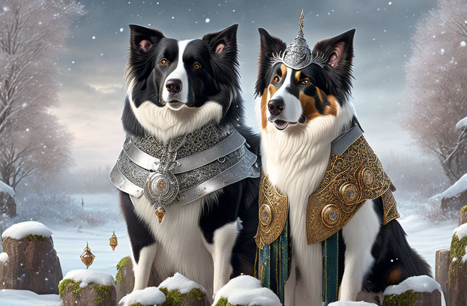 Two Border Collies in fantasy armor in snowy scene