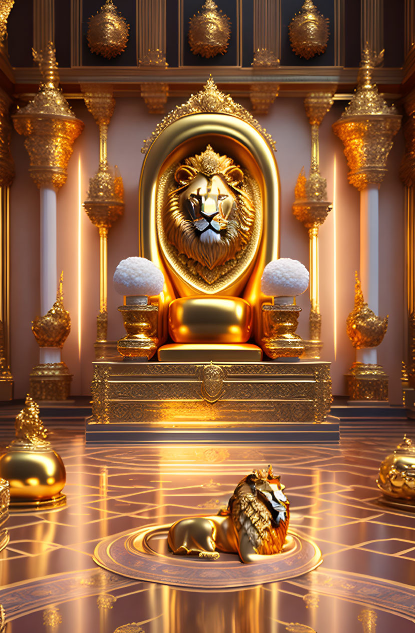 Luxurious golden throne room with lion imagery and statue on reflective floor