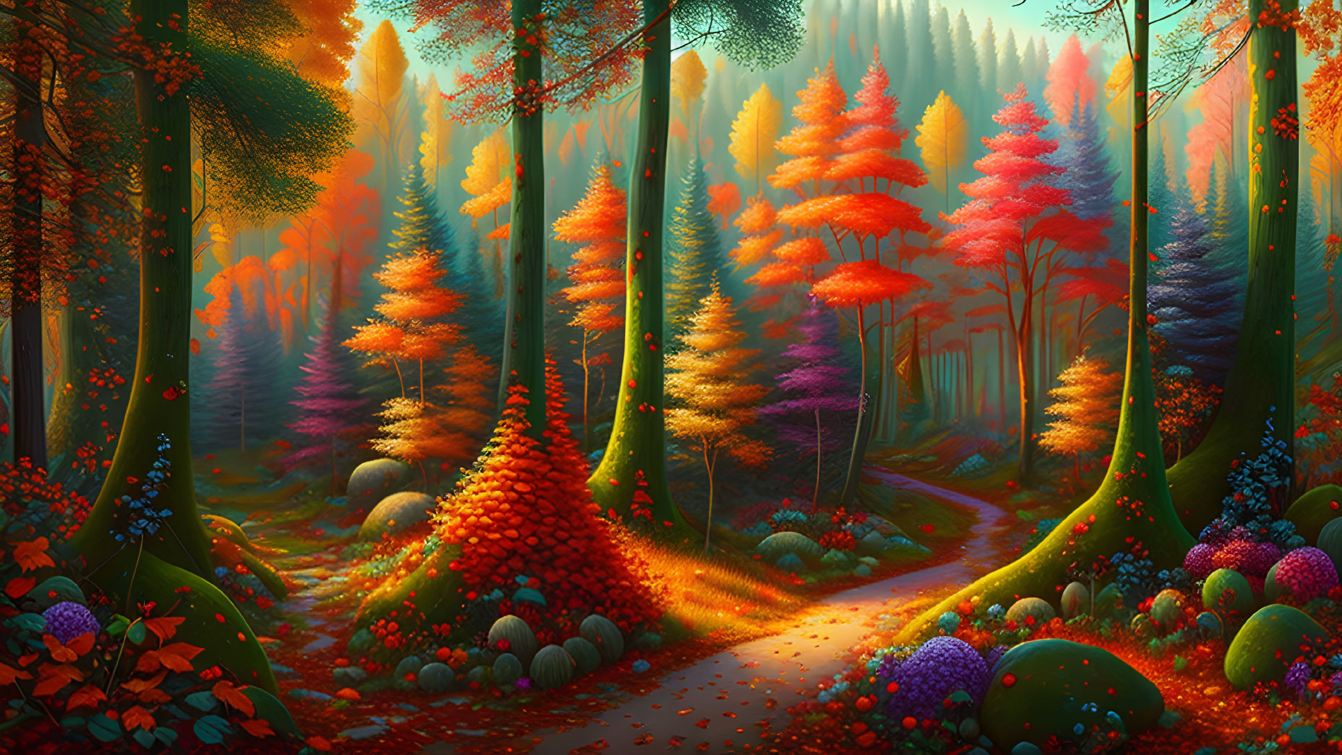 Colorful Autumn Forest with Sunlight Filtering Through Canopy
