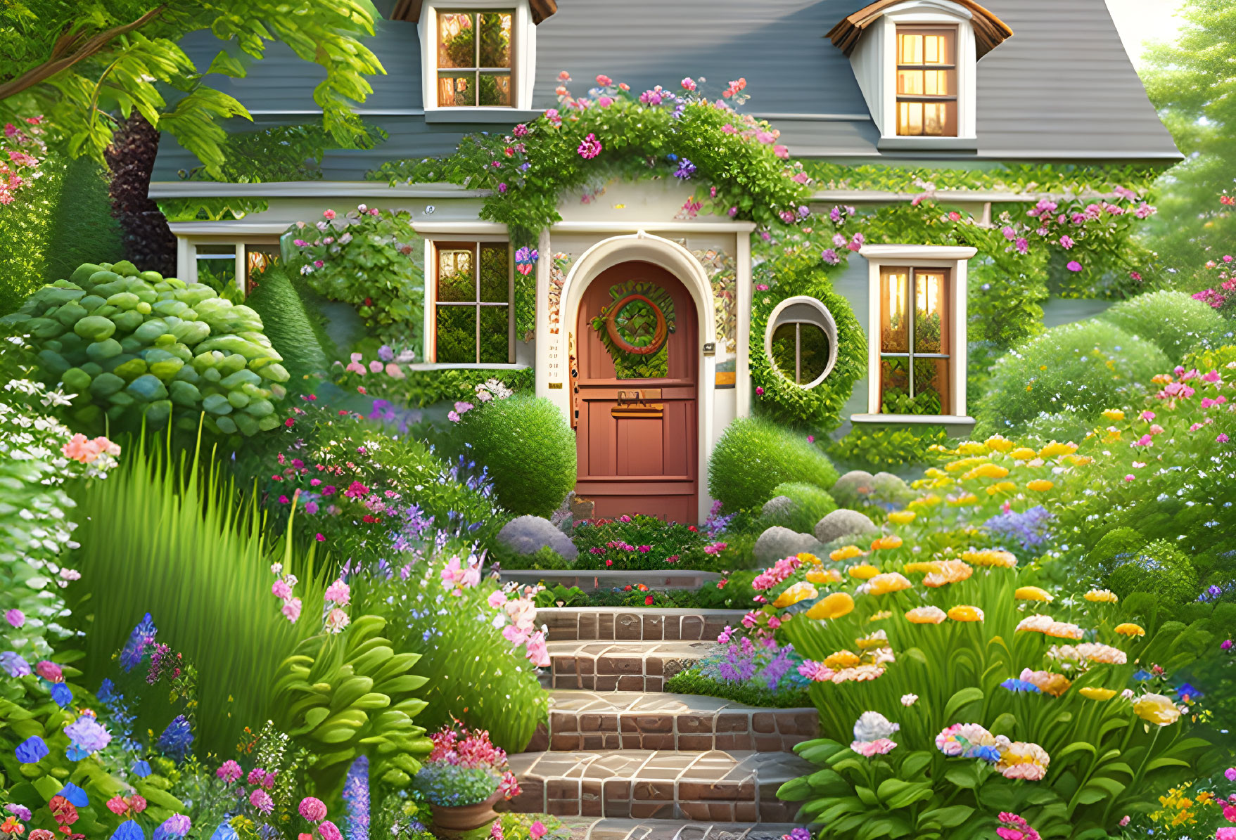 Charming cottage with vibrant gardens and pink door